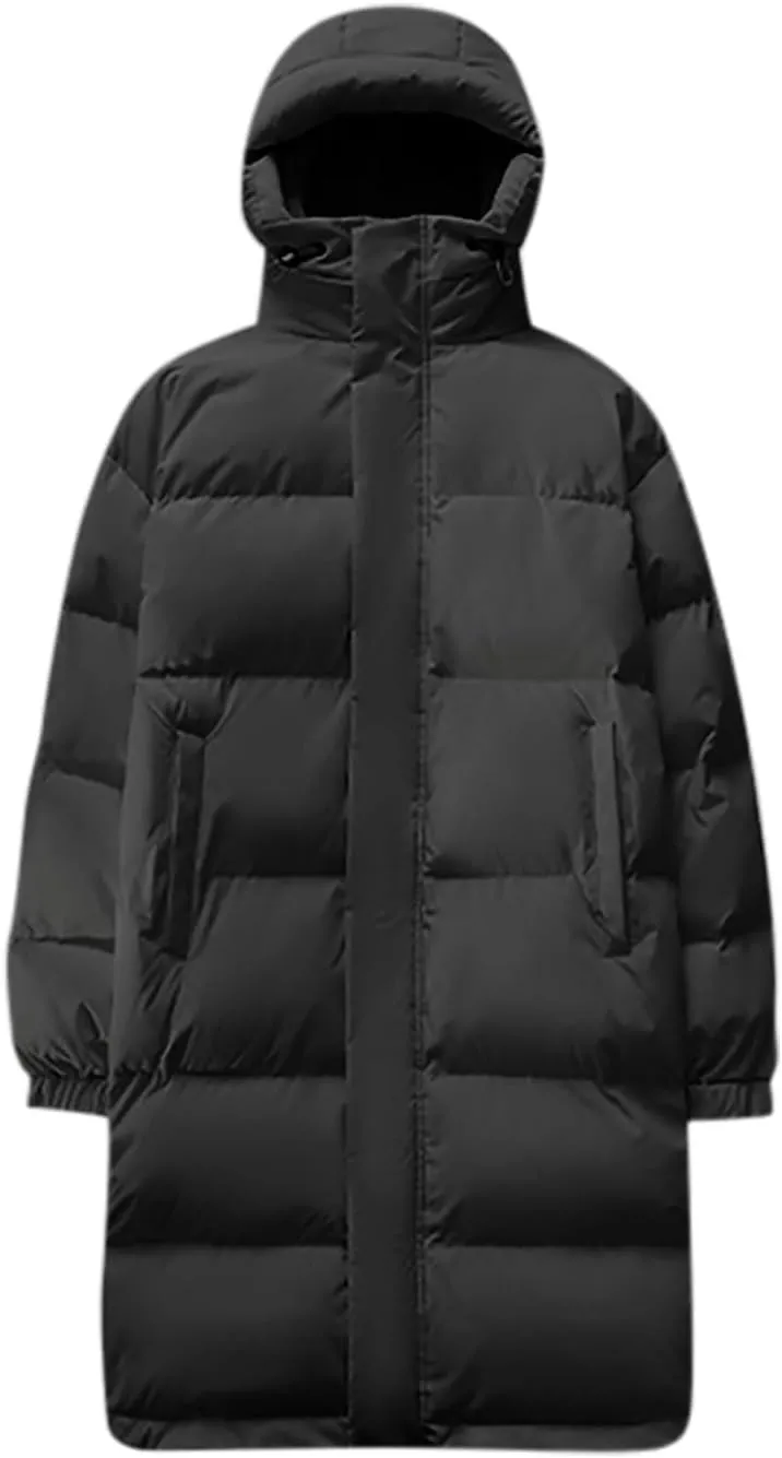 Long Down Puffer Coat Men Zip up Hooded Jacket Padded Quilted Jacket Windproof Winter Coat Thermal Outwear