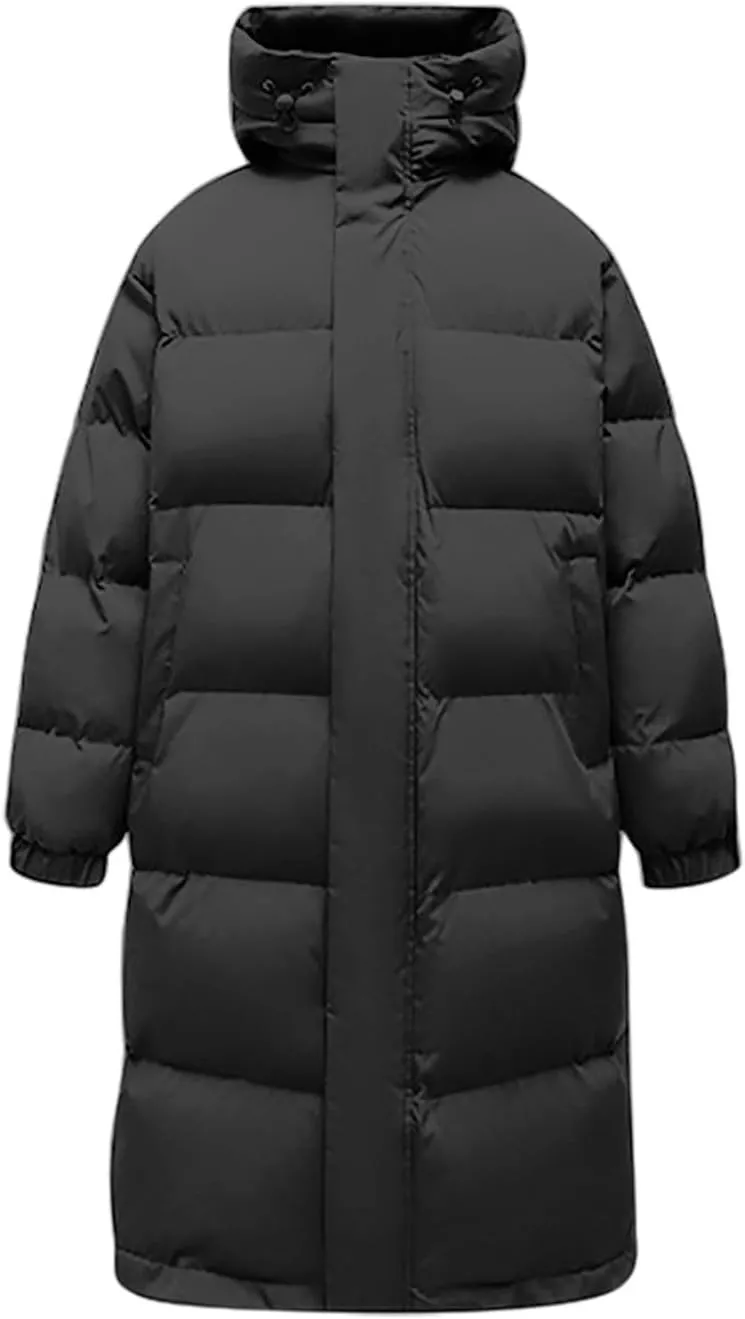 Long Down Puffer Coat Men Zip up Hooded Jacket Padded Quilted Jacket Windproof Winter Coat Thermal Outwear