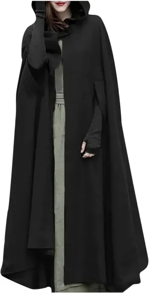 Long Hooded Cloak for Women Winter Jackets Wool Blend Pea Coats Split Fork Outerwear Long Poncho Cape Coat