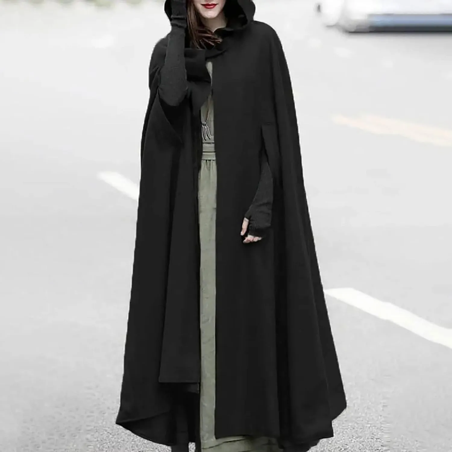 Long Hooded Cloak for Women Winter Jackets Wool Blend Pea Coats Split Fork Outerwear Long Poncho Cape Coat