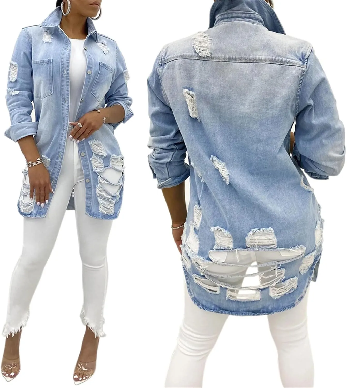 Long Jean Jacket for Women Oversized Long Sleeve Classic Distressed Trucker Denim Jackets Trendy Coat with Pockets