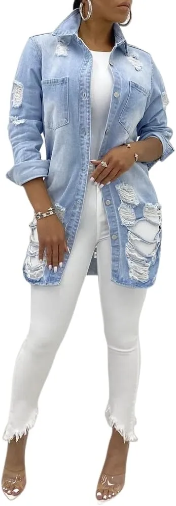 Long Jean Jacket for Women Oversized Long Sleeve Classic Distressed Trucker Denim Jackets Trendy Coat with Pockets