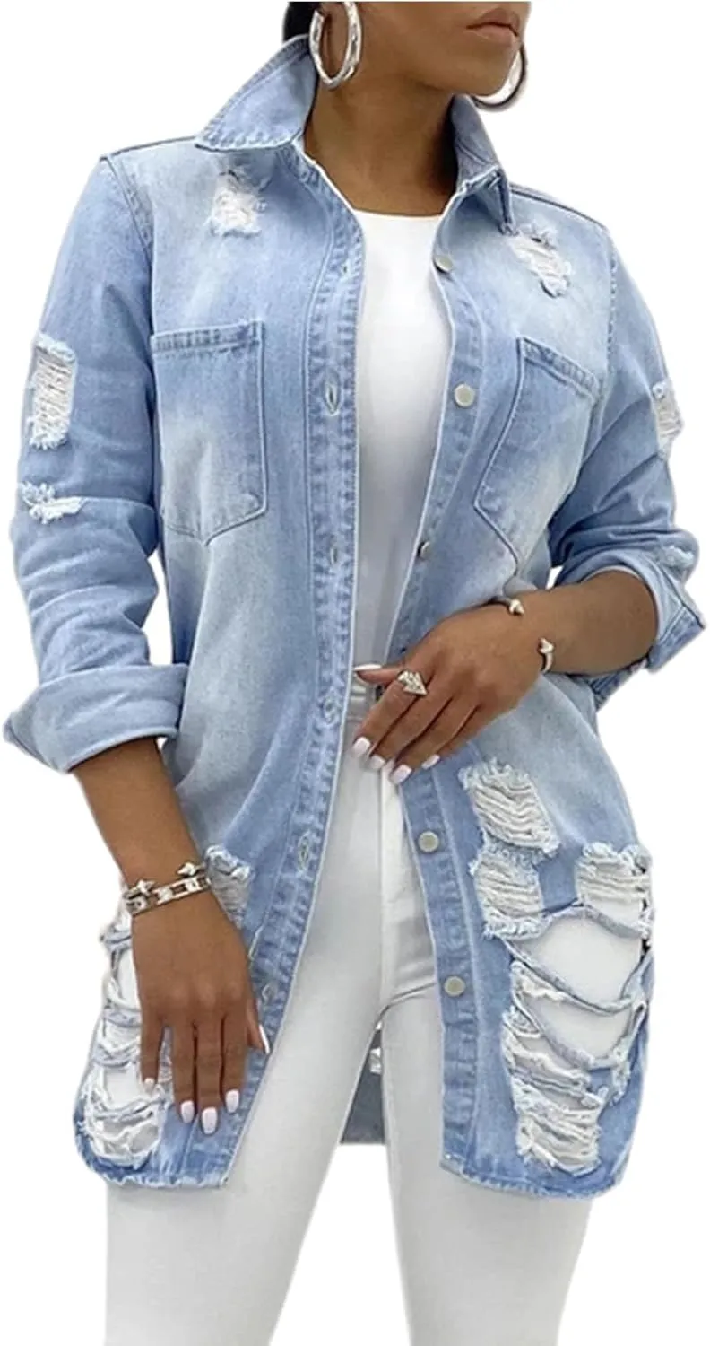 Long Jean Jacket for Women Oversized Long Sleeve Classic Distressed Trucker Denim Jackets Trendy Coat with Pockets