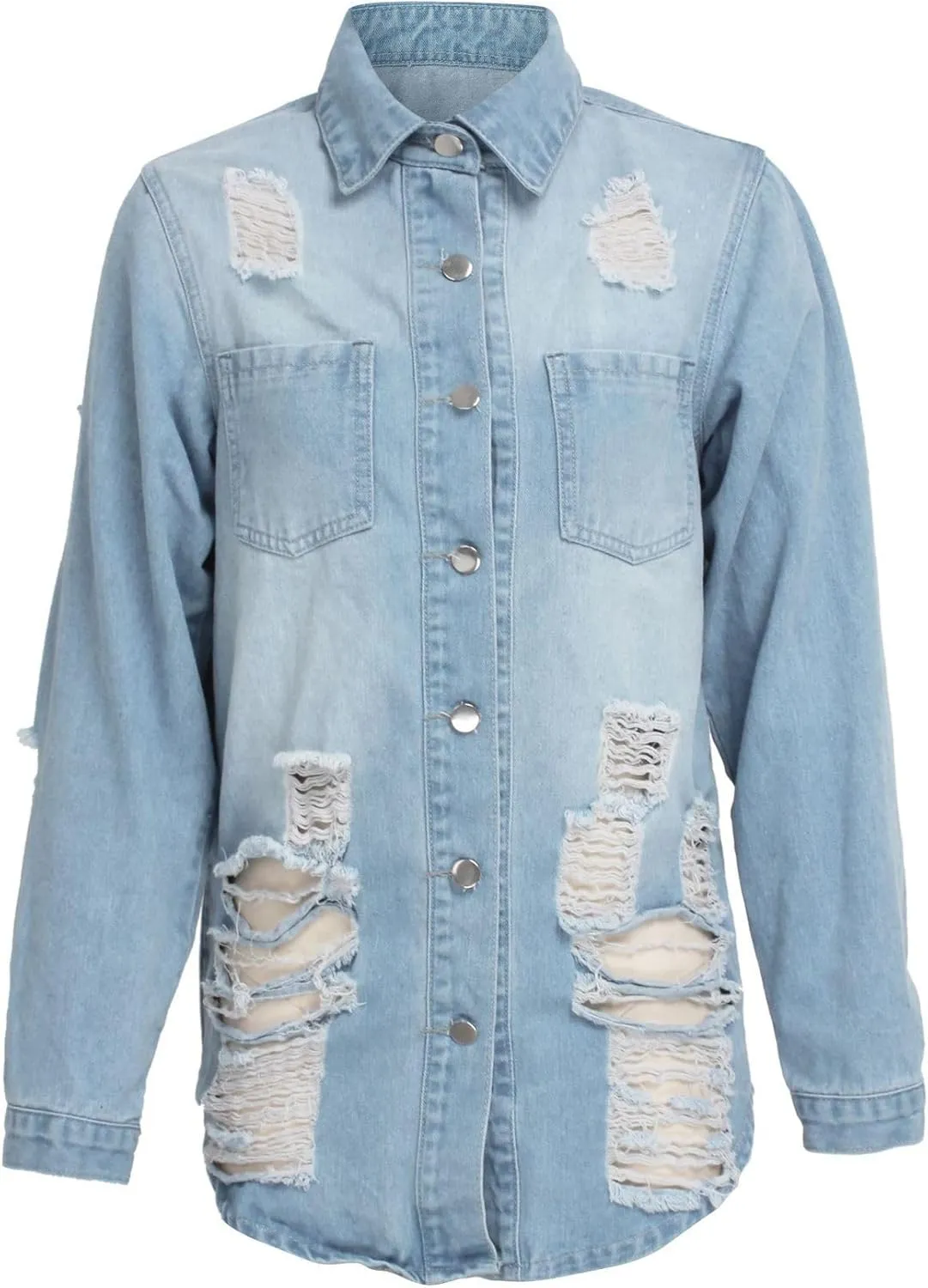 Long Jean Jacket for Women Oversized Long Sleeve Classic Distressed Trucker Denim Jackets Trendy Coat with Pockets