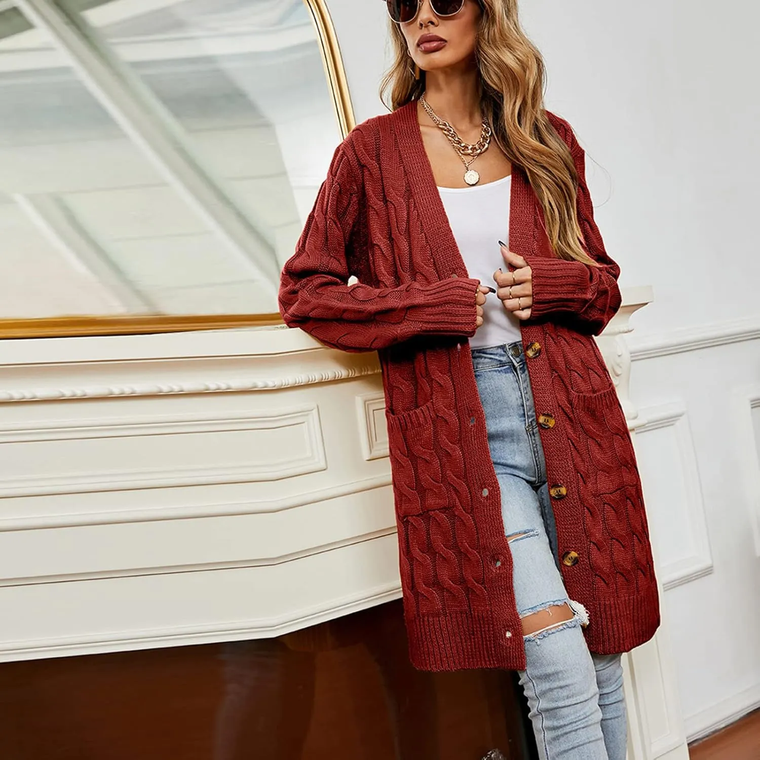 Long Sleeve Cable Knit Long Cardigan for Women 2024 Fall Winter Chunky Open Front Button Down Sweaters with Pockets