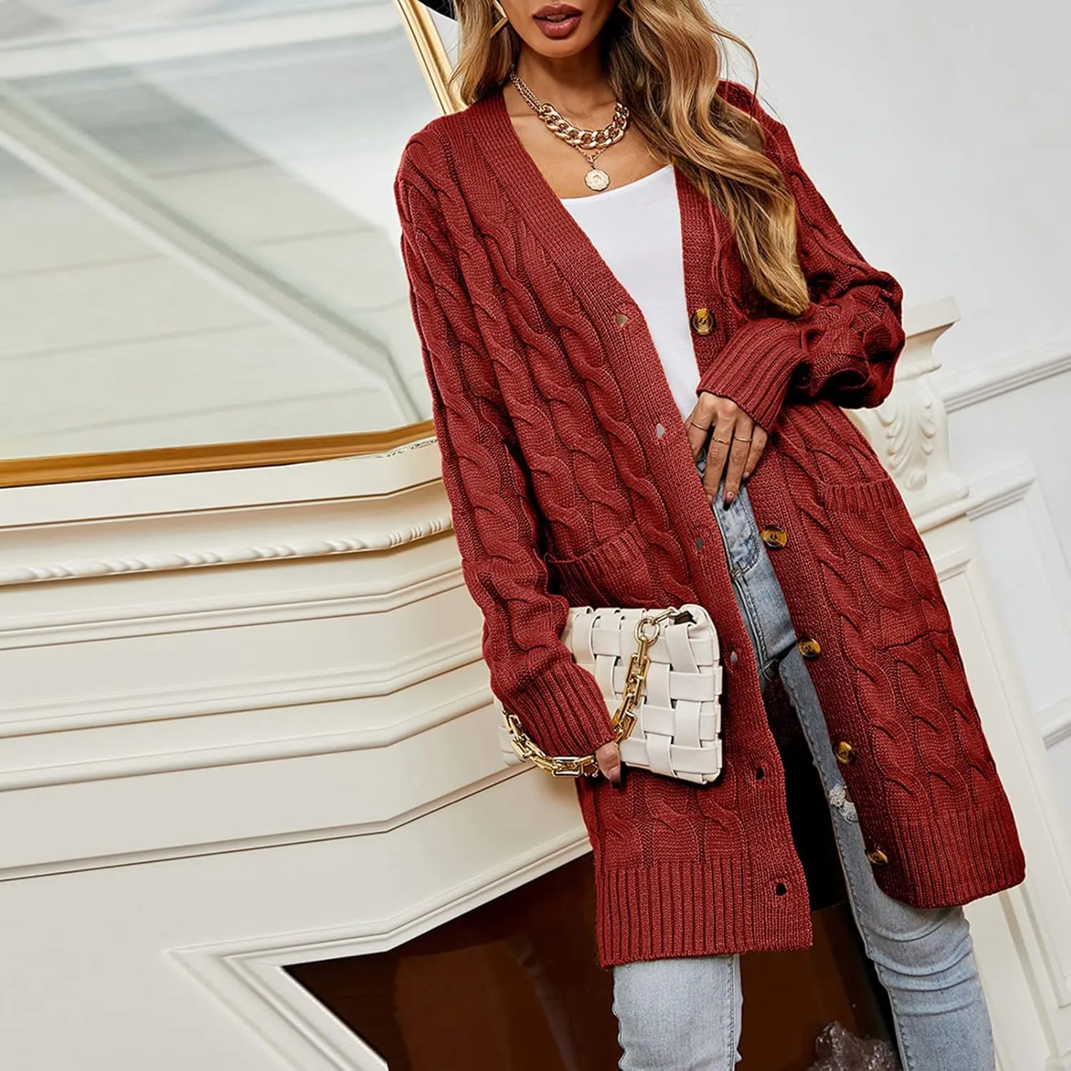 Long Sleeve Cable Knit Long Cardigan for Women 2024 Fall Winter Chunky Open Front Button Down Sweaters with Pockets