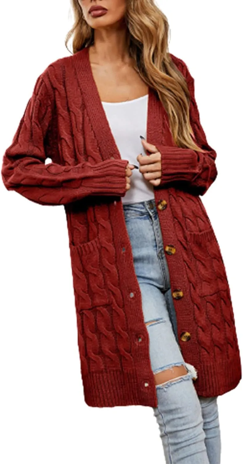 Long Sleeve Cable Knit Long Cardigan for Women 2024 Fall Winter Chunky Open Front Button Down Sweaters with Pockets