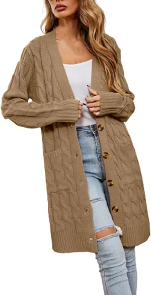 Long Sleeve Cable Knit Long Cardigan for Women 2024 Fall Winter Chunky Open Front Button Down Sweaters with Pockets