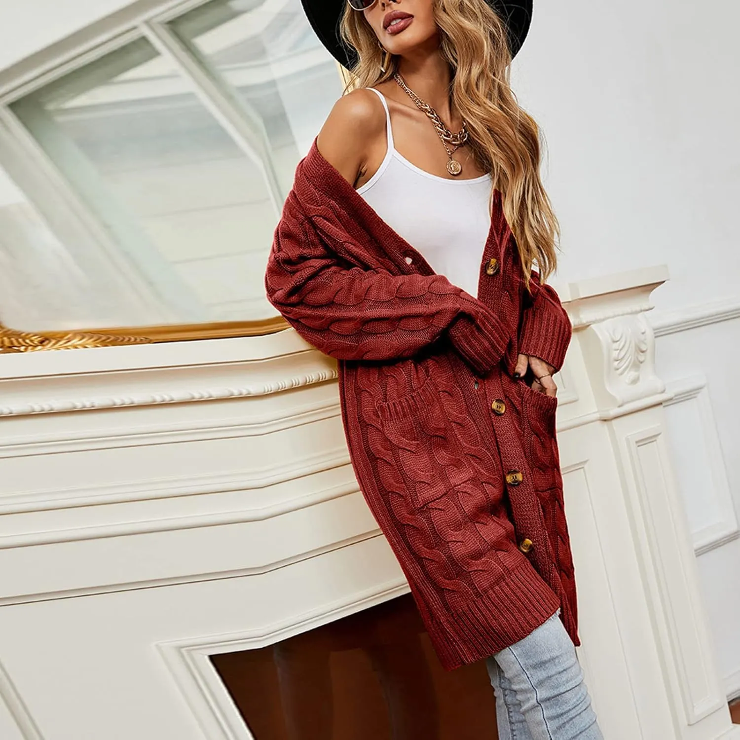 Long Sleeve Cable Knit Long Cardigan for Women 2024 Fall Winter Chunky Open Front Button Down Sweaters with Pockets