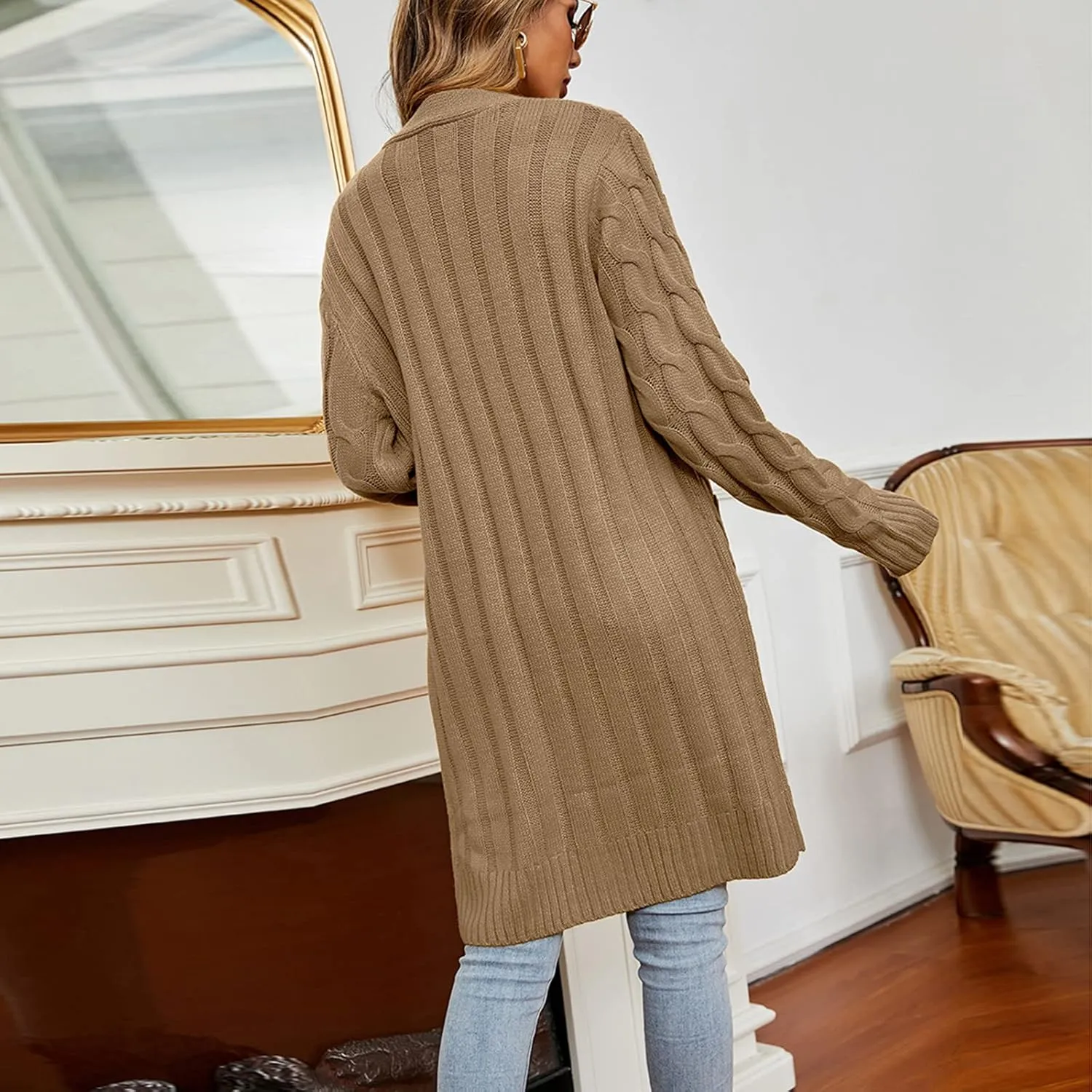 Long Sleeve Cable Knit Long Cardigan for Women 2024 Fall Winter Chunky Open Front Button Down Sweaters with Pockets
