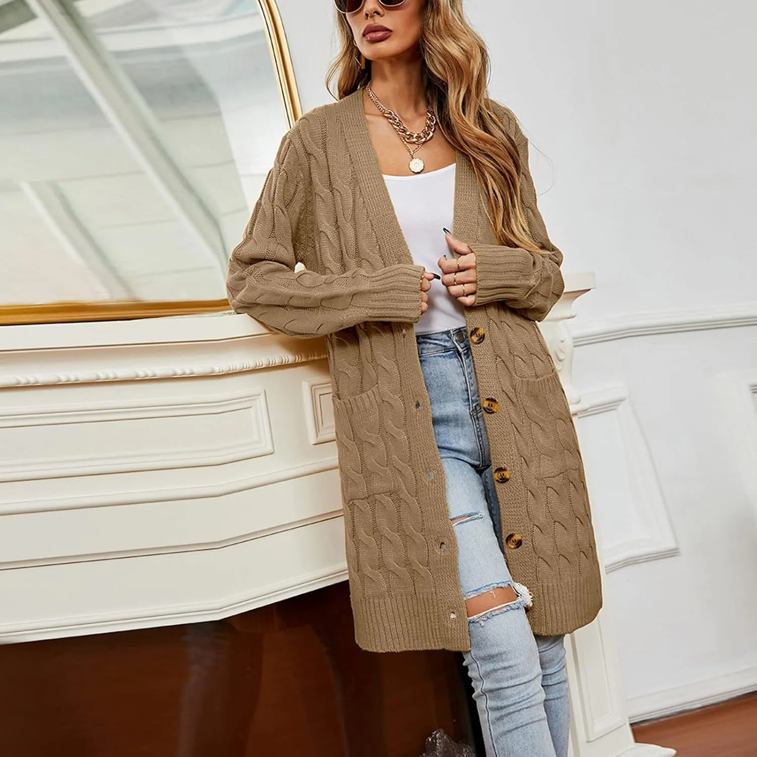 Long Sleeve Cable Knit Long Cardigan for Women 2024 Fall Winter Chunky Open Front Button Down Sweaters with Pockets