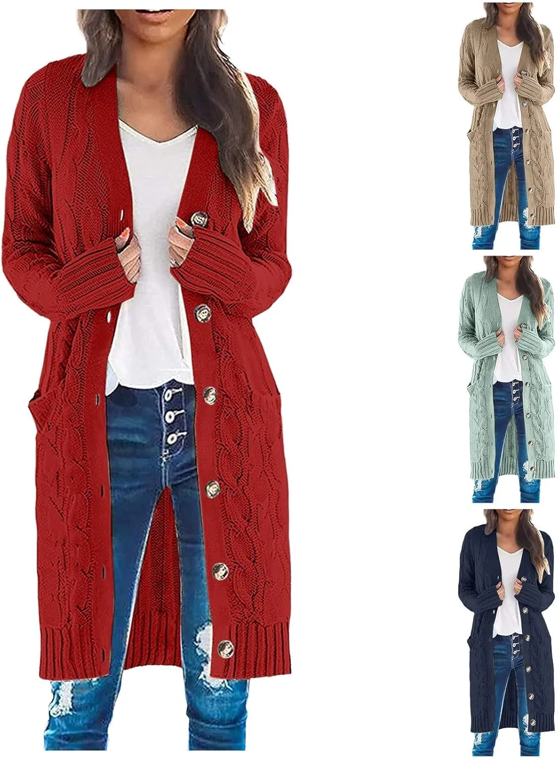 Long Sleeve Fashion Cable Knit Long Cardigan for Women 2024 Fall Winter Chunky Open Front Button Sweaters with Pockets