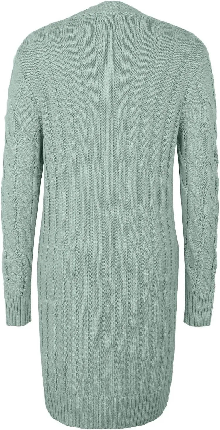 Long Sleeve Fashion Cable Knit Long Cardigan for Women 2024 Fall Winter Chunky Open Front Button Sweaters with Pockets