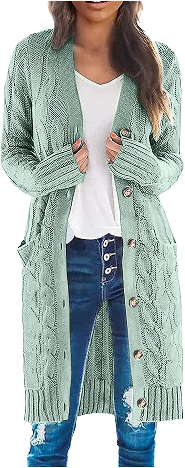 Long Sleeve Fashion Cable Knit Long Cardigan for Women 2024 Fall Winter Chunky Open Front Button Sweaters with Pockets