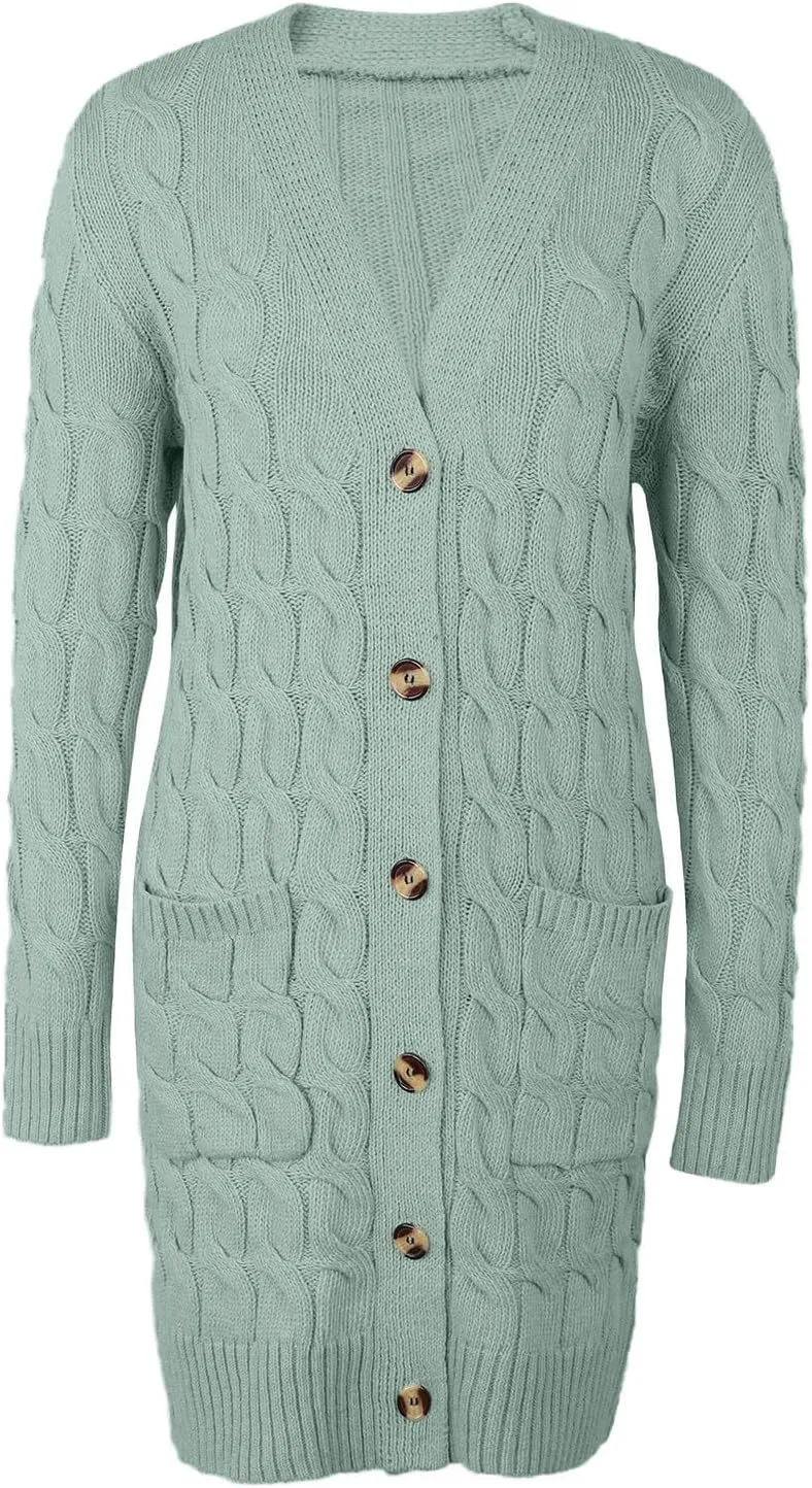Long Sleeve Fashion Cable Knit Long Cardigan for Women 2024 Fall Winter Chunky Open Front Button Sweaters with Pockets
