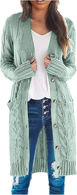 Long Sleeve Fashion Cable Knit Long Cardigan for Women 2024 Fall Winter Chunky Open Front Button Sweaters with Pockets