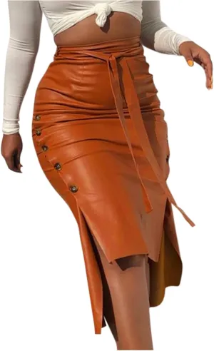 Long Slit Midi Pencil Skirts Women's Knee Length Faux Leather Skirts Belted High Waisted Split Slim Fit Pencil Skirt Khaki