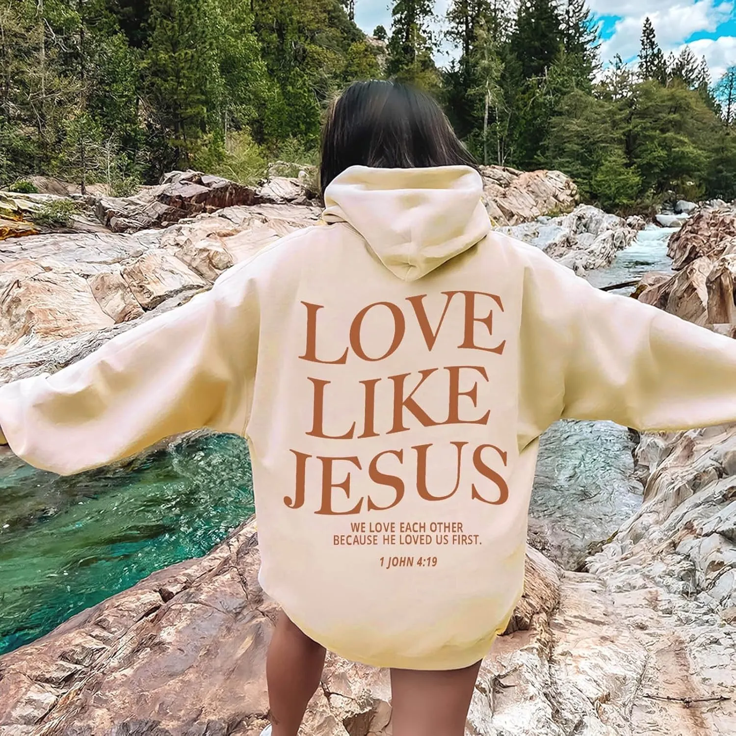 Love Like Jesus Graphic Christian Hoodies for Women Girls Bible Verse Oversized Long Sleeve Pocket Y2K Sweatshirt