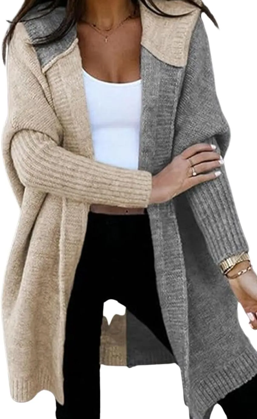 loveimgs Women Chunky Knit Hooded Cardigan Sweater Color Block Open Front Cardigan Jacket Knitted Hoodie