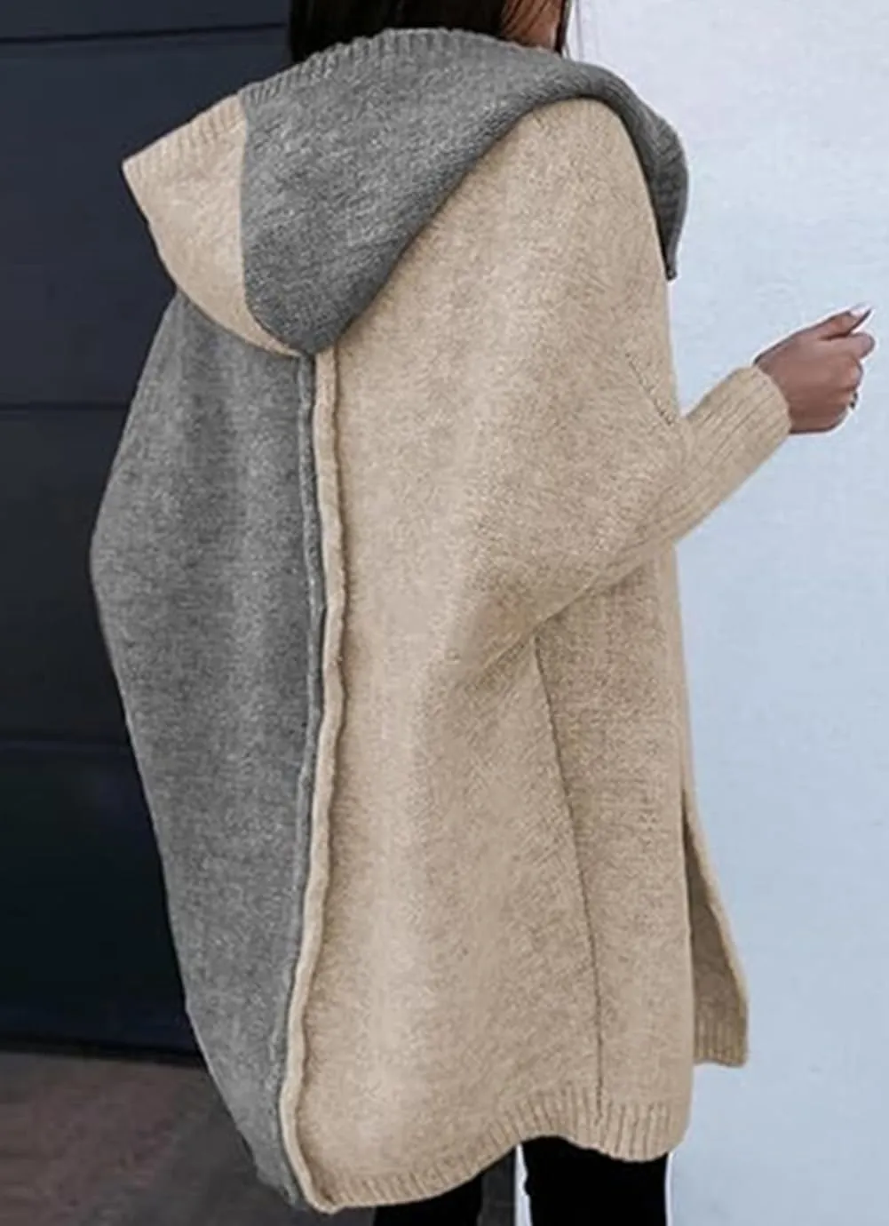 loveimgs Women Chunky Knit Hooded Cardigan Sweater Color Block Open Front Cardigan Jacket Knitted Hoodie
