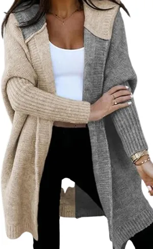 loveimgs Women Chunky Knit Hooded Cardigan Sweater Color Block Open Front Cardigan Jacket Knitted Hoodie