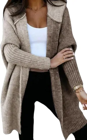 loveimgs Women Chunky Knit Hooded Cardigan Sweater Color Block Open Front Cardigan Jacket Knitted Hoodie