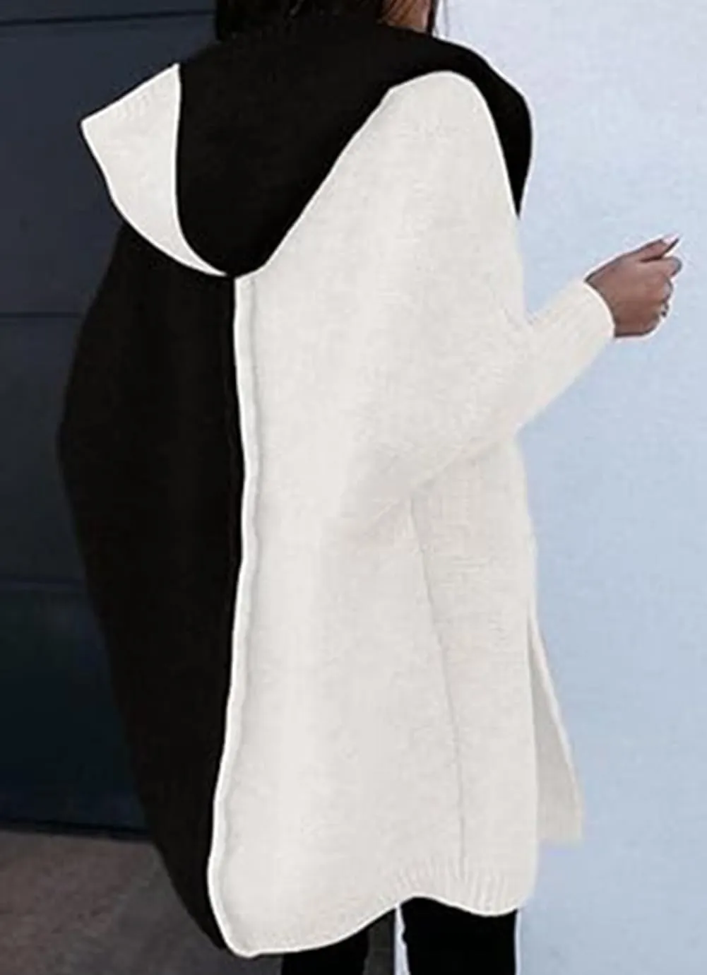 loveimgs Women Chunky Knit Hooded Cardigan Sweater Color Block Open Front Cardigan Jacket Knitted Hoodie