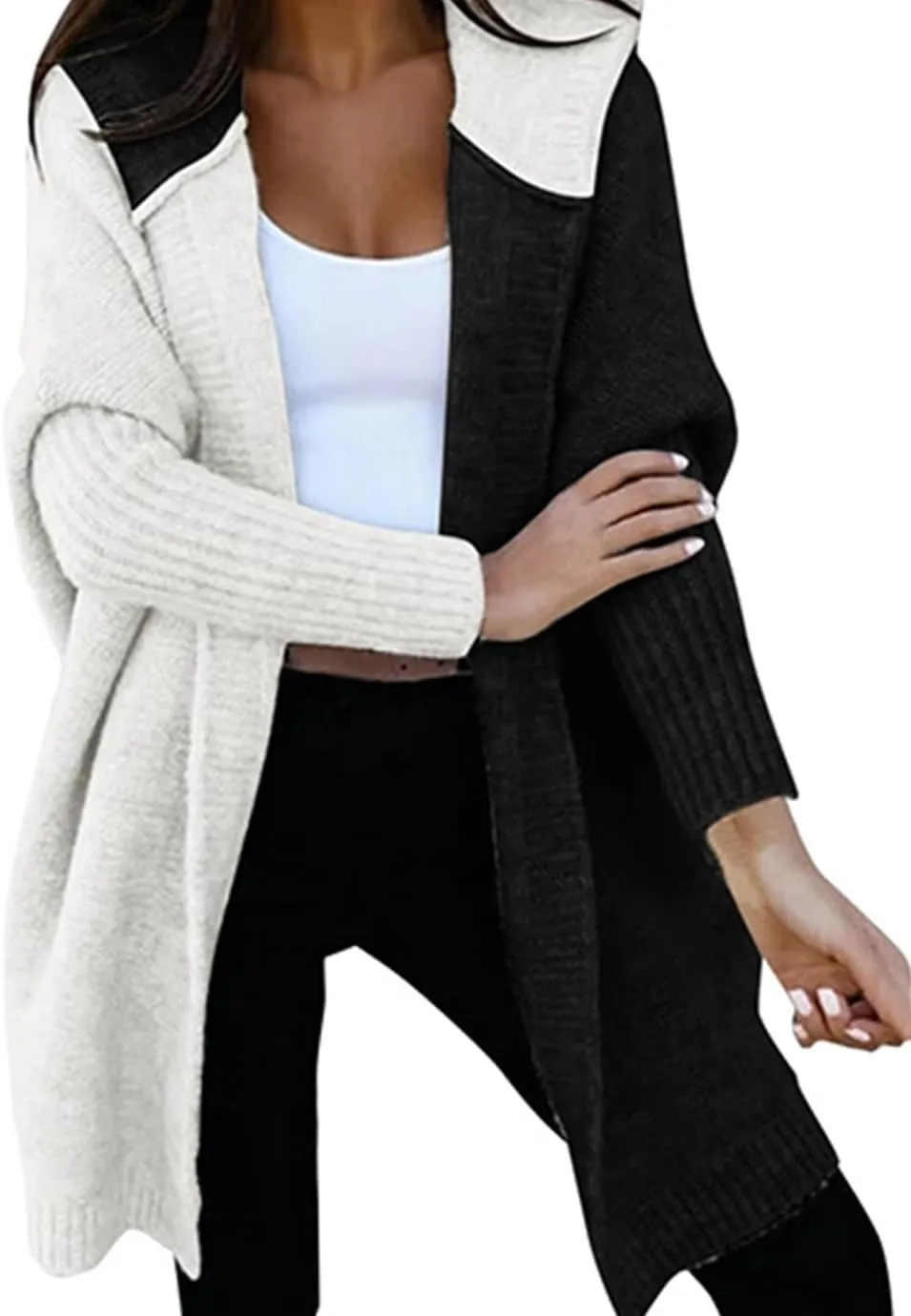 loveimgs Women Chunky Knit Hooded Cardigan Sweater Color Block Open Front Cardigan Jacket Knitted Hoodie