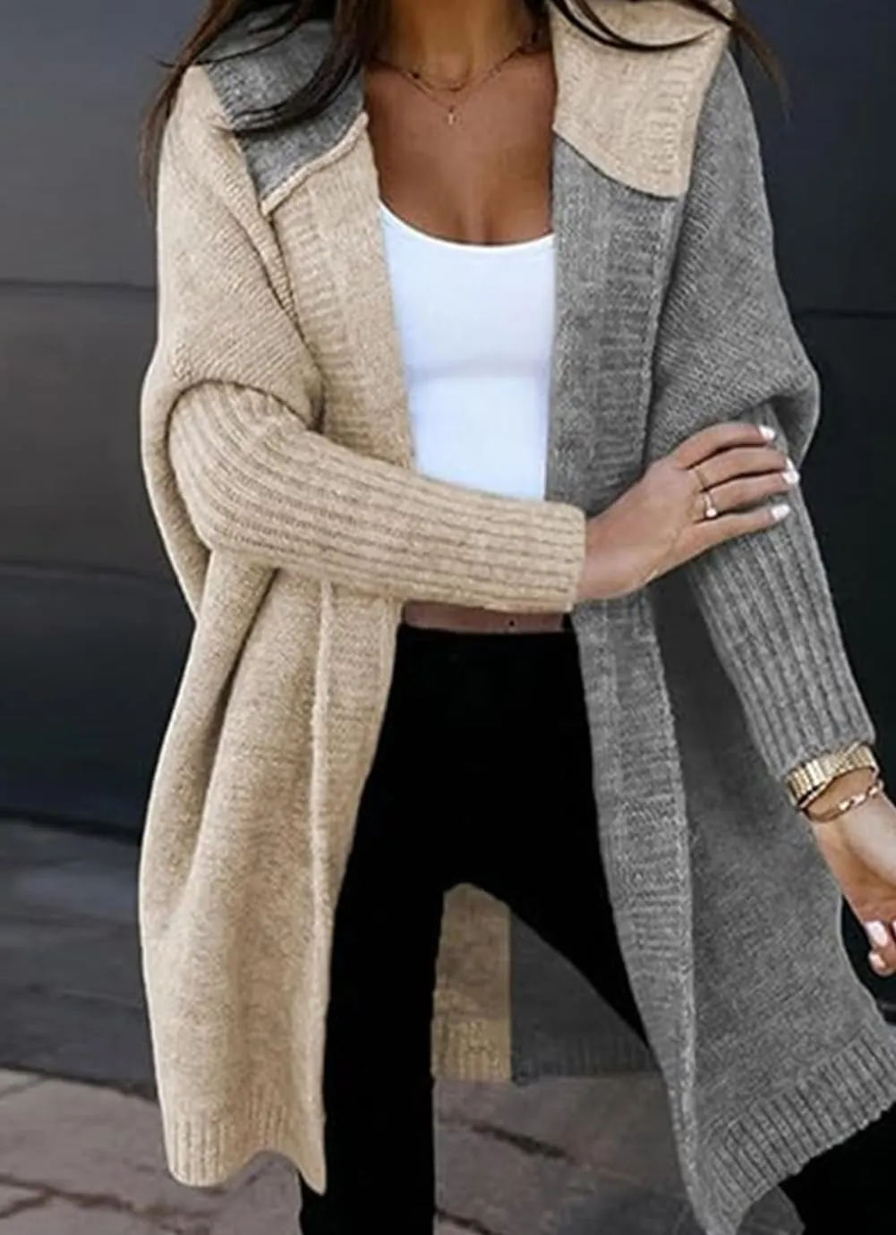 loveimgs Women Chunky Knit Hooded Cardigan Sweater Color Block Open Front Cardigan Jacket Knitted Hoodie