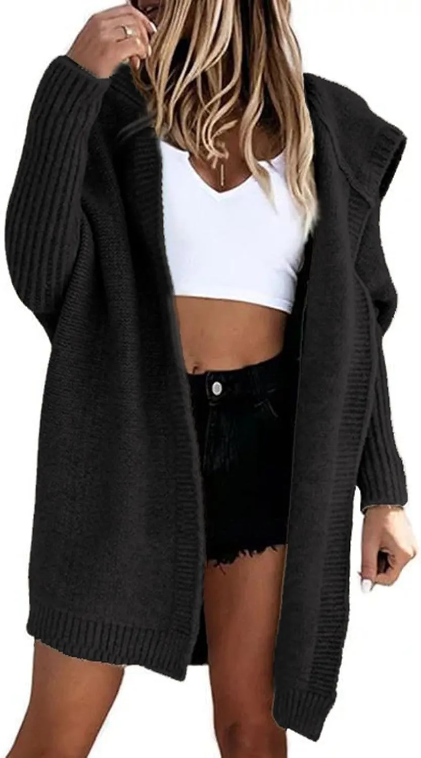 loveimgs Women Hooded Chunky Knit Long Sweater Cardigan Fall Knitted Open Front Cardigan Jacket Rib Batwing Coatigan