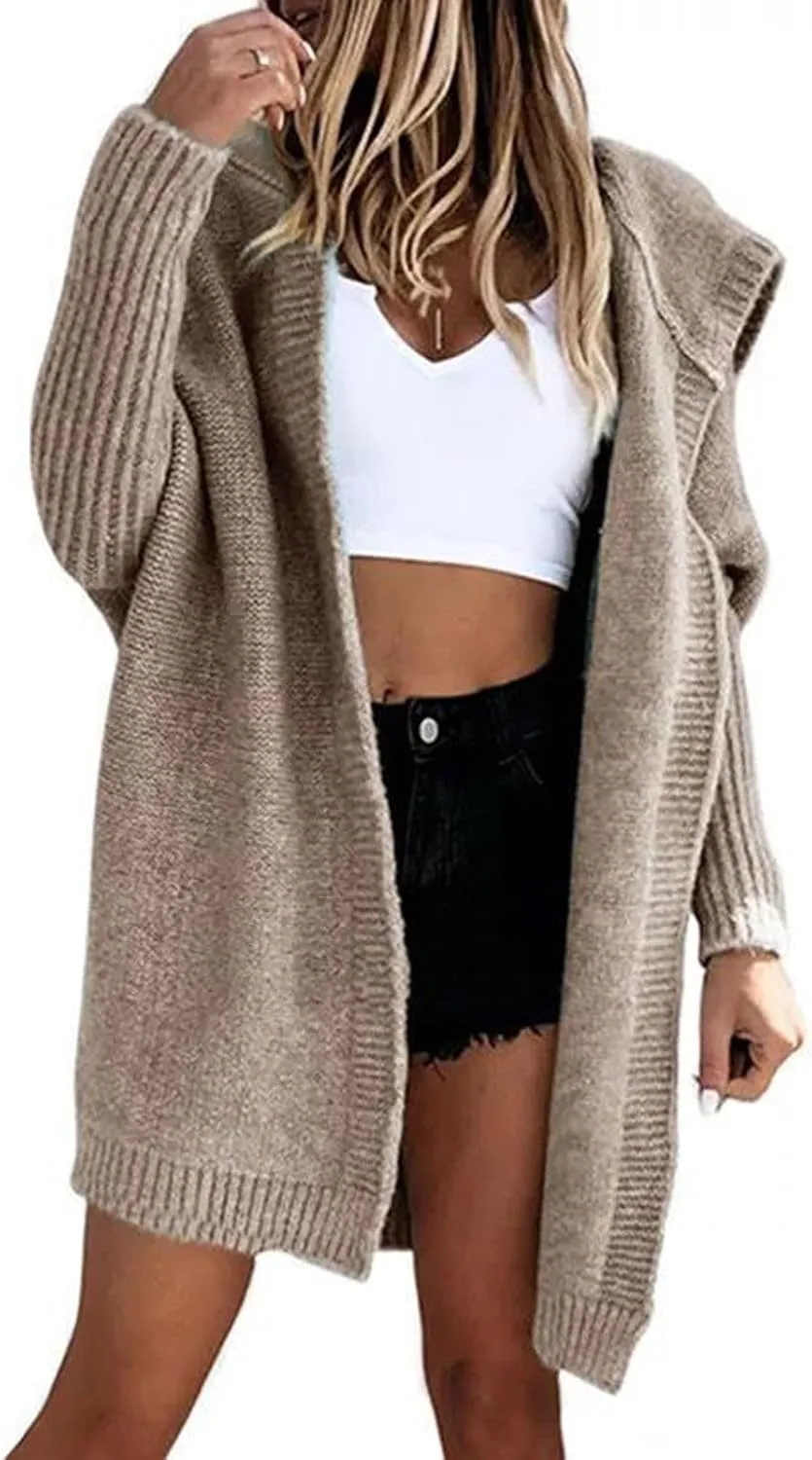 loveimgs Women Hooded Chunky Knit Long Sweater Cardigan Fall Knitted Open Front Cardigan Jacket Rib Batwing Coatigan
