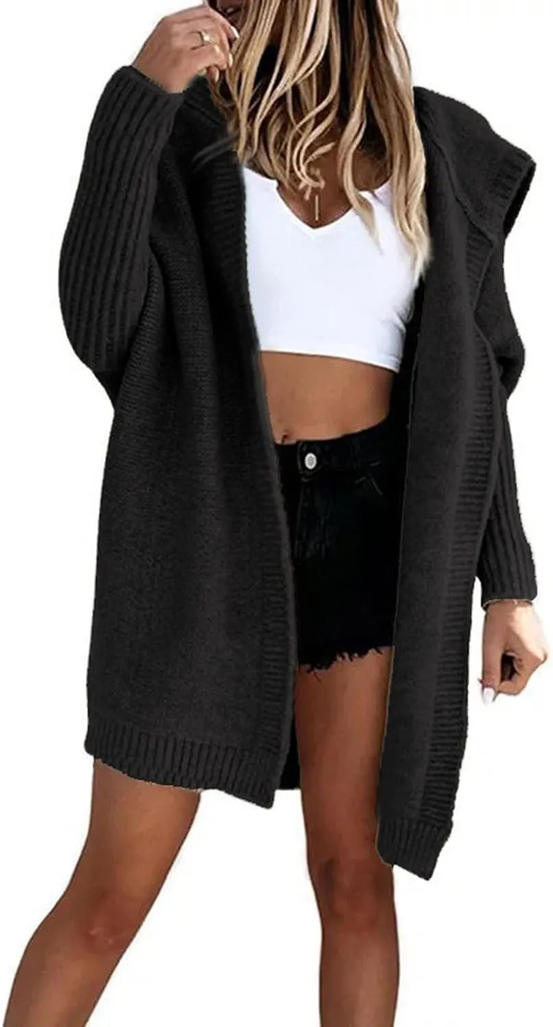 loveimgs Women Hooded Chunky Knit Long Sweater Cardigan Fall Knitted Open Front Cardigan Jacket Rib Batwing Coatigan