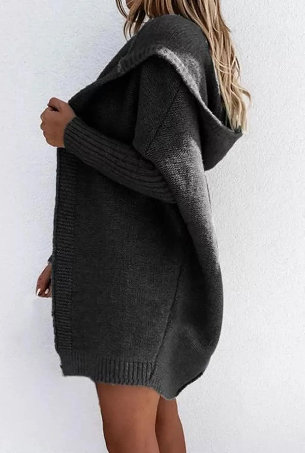 loveimgs Women Hooded Chunky Knit Long Sweater Cardigan Fall Knitted Open Front Cardigan Jacket Rib Batwing Coatigan