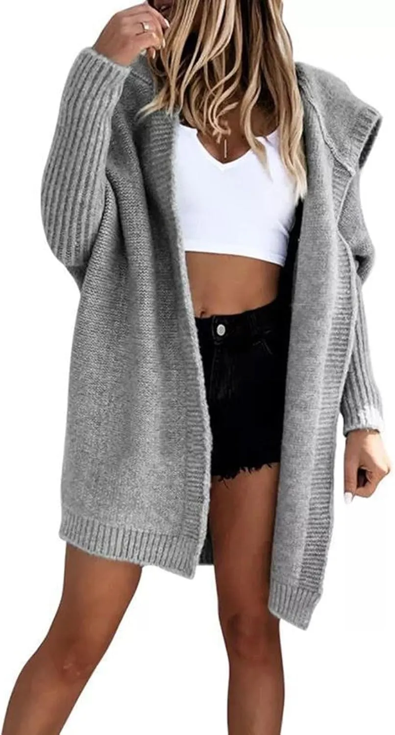 loveimgs Women Hooded Chunky Knit Long Sweater Cardigan Fall Knitted Open Front Cardigan Jacket Rib Batwing Coatigan