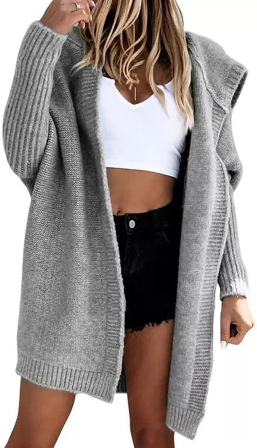 loveimgs Women Hooded Chunky Knit Long Sweater Cardigan Fall Knitted Open Front Cardigan Jacket Rib Batwing Coatigan