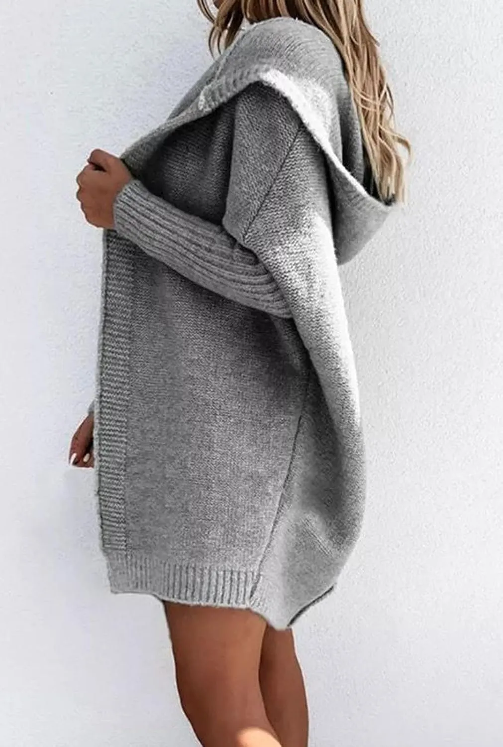 loveimgs Women Hooded Chunky Knit Long Sweater Cardigan Fall Knitted Open Front Cardigan Jacket Rib Batwing Coatigan