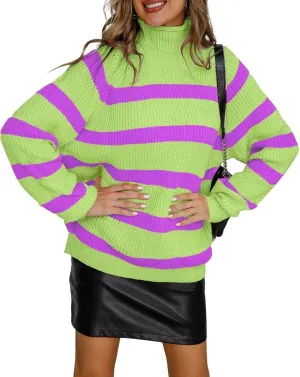 loveimgs Women Oversized Striped Knit Sweater Pullover Long Sleeve Rainbow Turtleneck Sweater Jumper