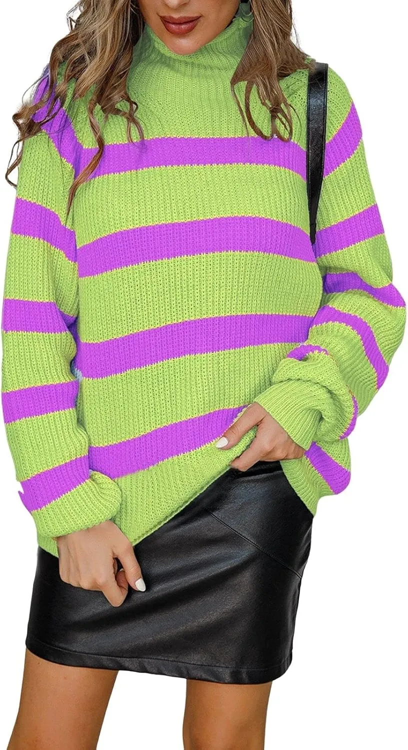 loveimgs Women Oversized Striped Knit Sweater Pullover Long Sleeve Rainbow Turtleneck Sweater Jumper