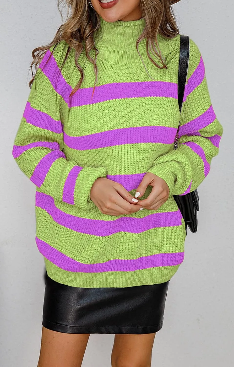 loveimgs Women Oversized Striped Knit Sweater Pullover Long Sleeve Rainbow Turtleneck Sweater Jumper