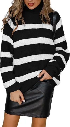 loveimgs Women Oversized Striped Knit Sweater Pullover Long Sleeve Rainbow Turtleneck Sweater Jumper