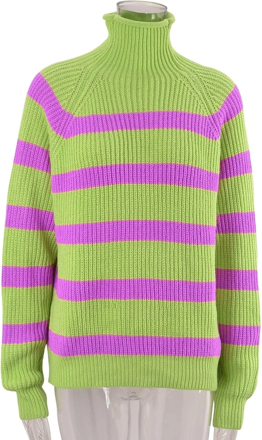 loveimgs Women Oversized Striped Knit Sweater Pullover Long Sleeve Rainbow Turtleneck Sweater Jumper