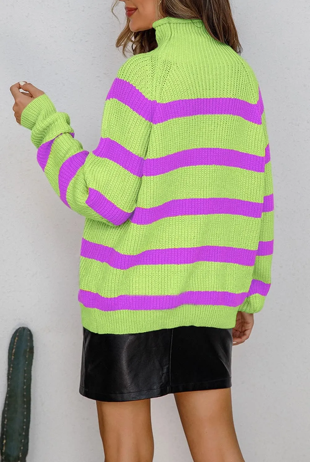 loveimgs Women Oversized Striped Knit Sweater Pullover Long Sleeve Rainbow Turtleneck Sweater Jumper
