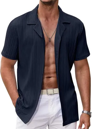 Maiyifu-GJ Mens Lightweight Linen Shirts Summer Casual Short Sleeve Button Down Shirts Slim Fit Business Formal Dress Shirt