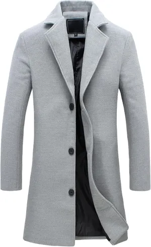 Maiyifu-GJ Mens Slim Fit Long Trench Coat Wool Blend Overcoat Warm Winter Single Breasted Coat Mid-Length Outerwear