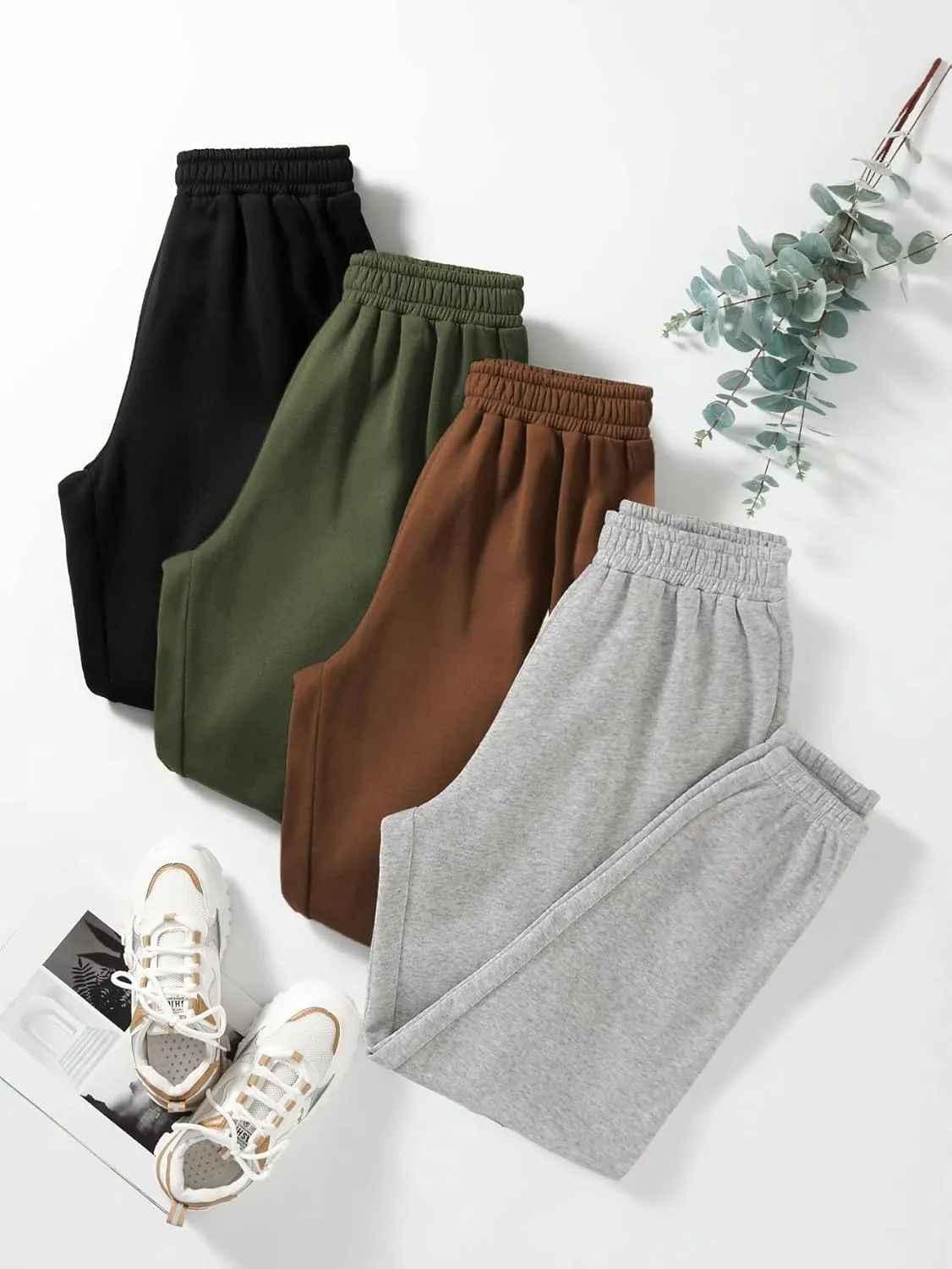 MakeMeChic Women's 4pack Thermal Lined Jogger Sweatpants Workout Running Lounge Pants