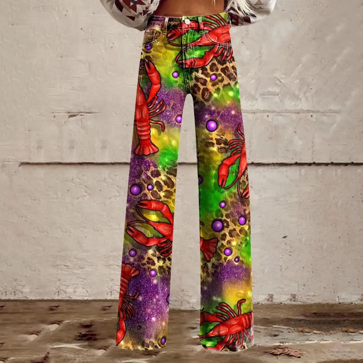 Mardi Gras Jeans for Women 2024 Flare Jeans Wide Leg Baggy Pants High Waisted Flared Denim Trouser Vintage Jeans