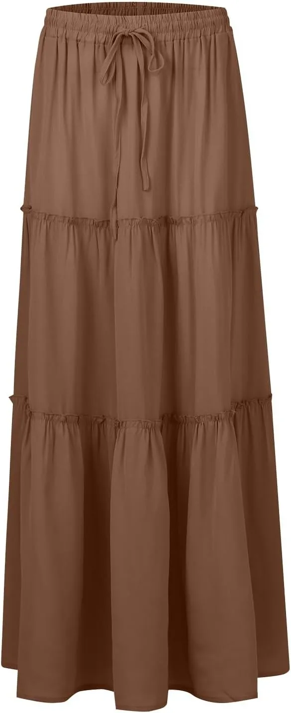 Maxi Pleated Skirts for Women Floral Print Boho Tiered Skirt Elastic High Waist A Line Flowy Long Skirts with Pocket