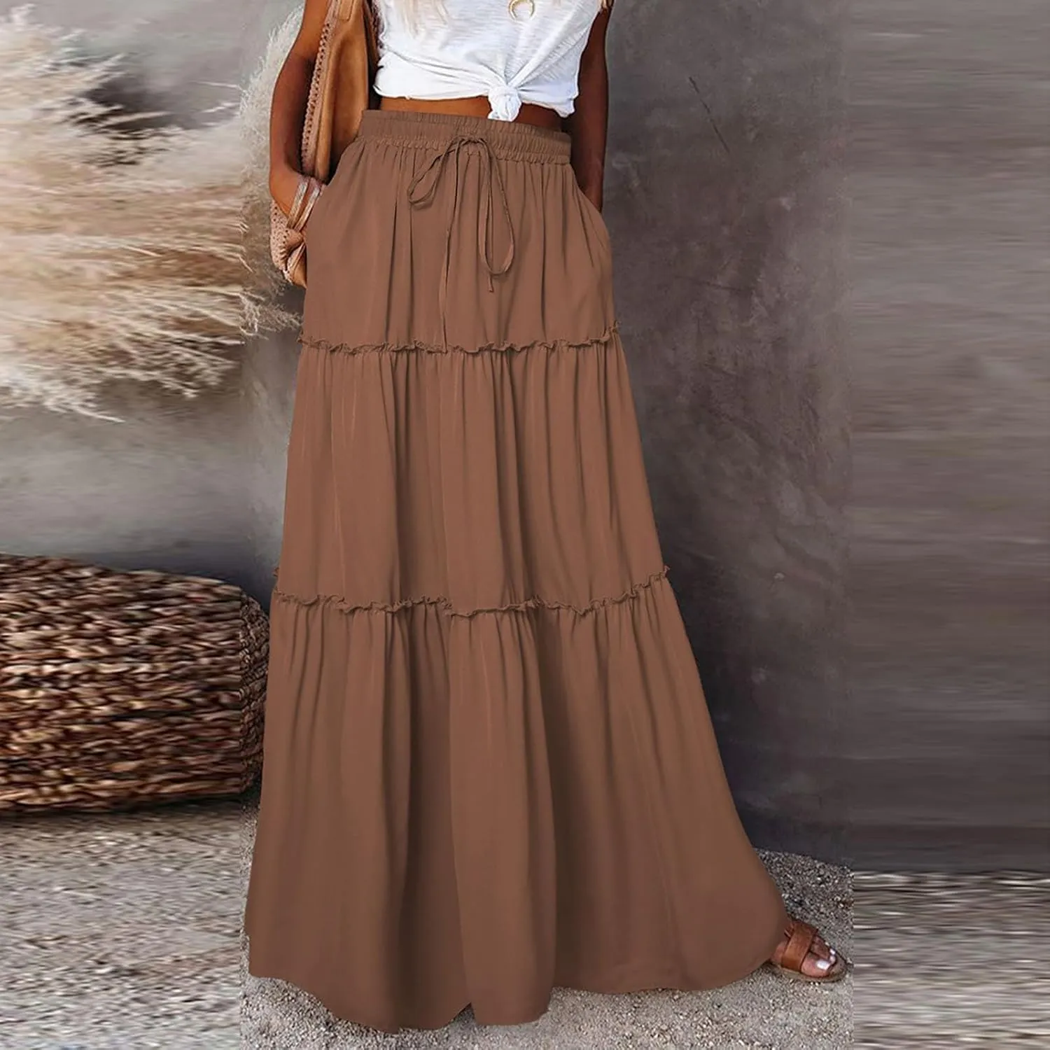 Maxi Pleated Skirts for Women Floral Print Boho Tiered Skirt Elastic High Waist A Line Flowy Long Skirts with Pocket