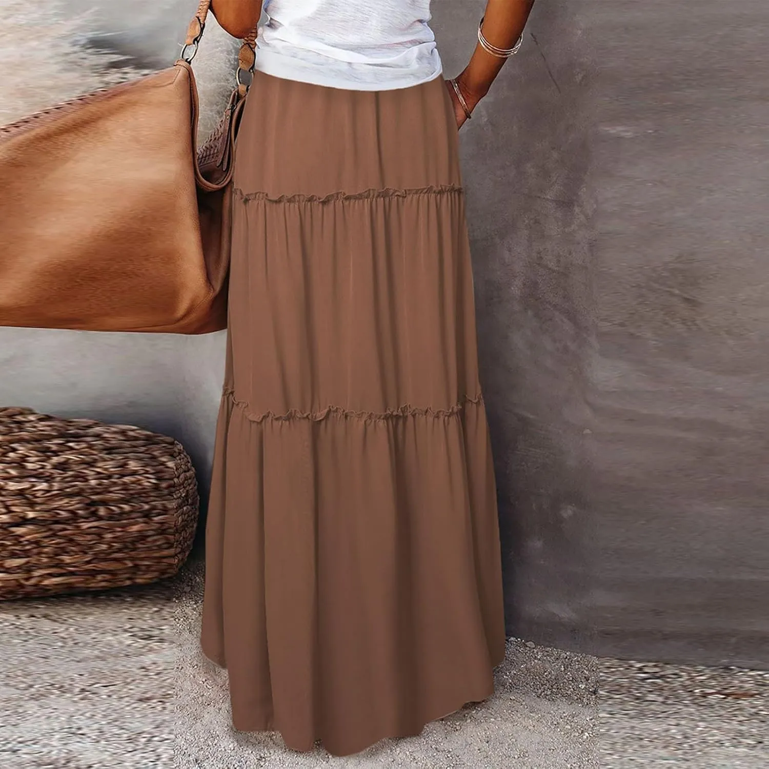 Maxi Pleated Skirts for Women Floral Print Boho Tiered Skirt Elastic High Waist A Line Flowy Long Skirts with Pocket