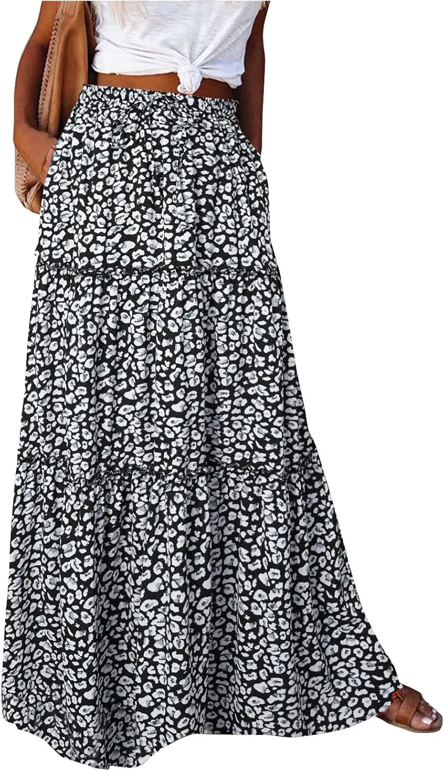 Maxi Pleated Skirts for Women Floral Print Boho Tiered Skirt Elastic High Waist A Line Flowy Long Skirts with Pocket